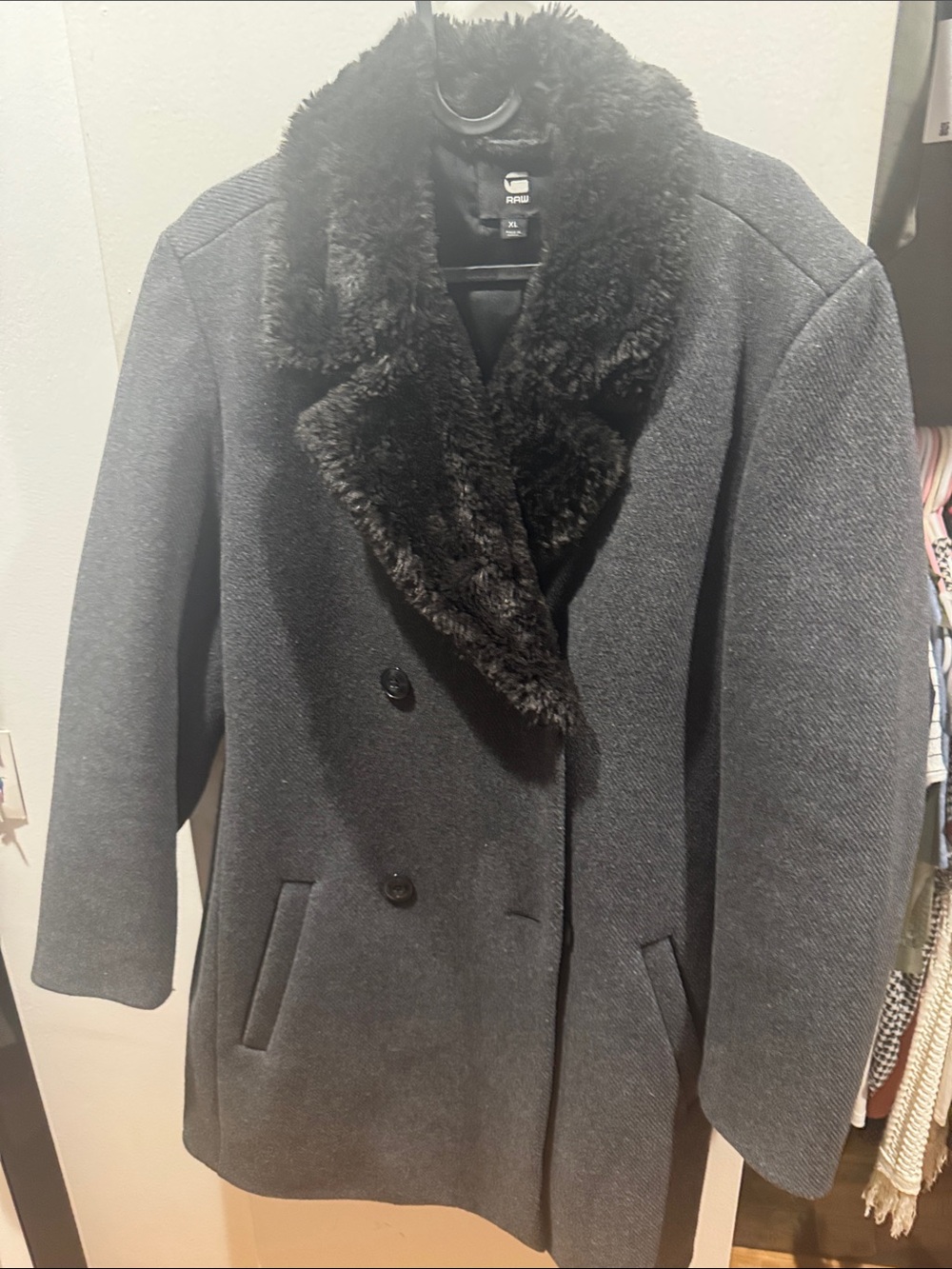 Woman’s G-Star Raw Wool-Blend Faux Fur Collar Peacoat - Gray size xl